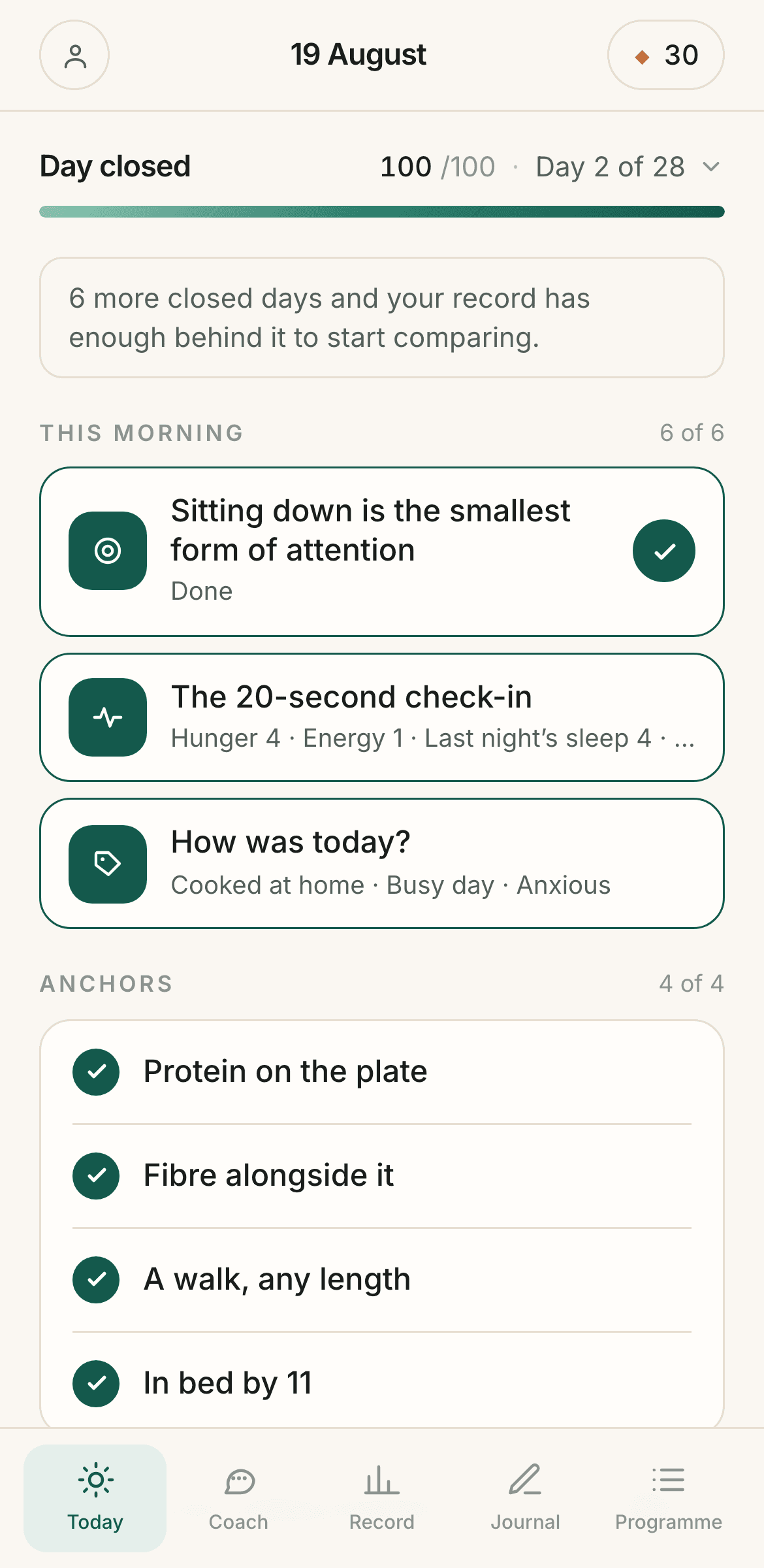 The LightDays member home: score ring, today's action, and daily anchors
